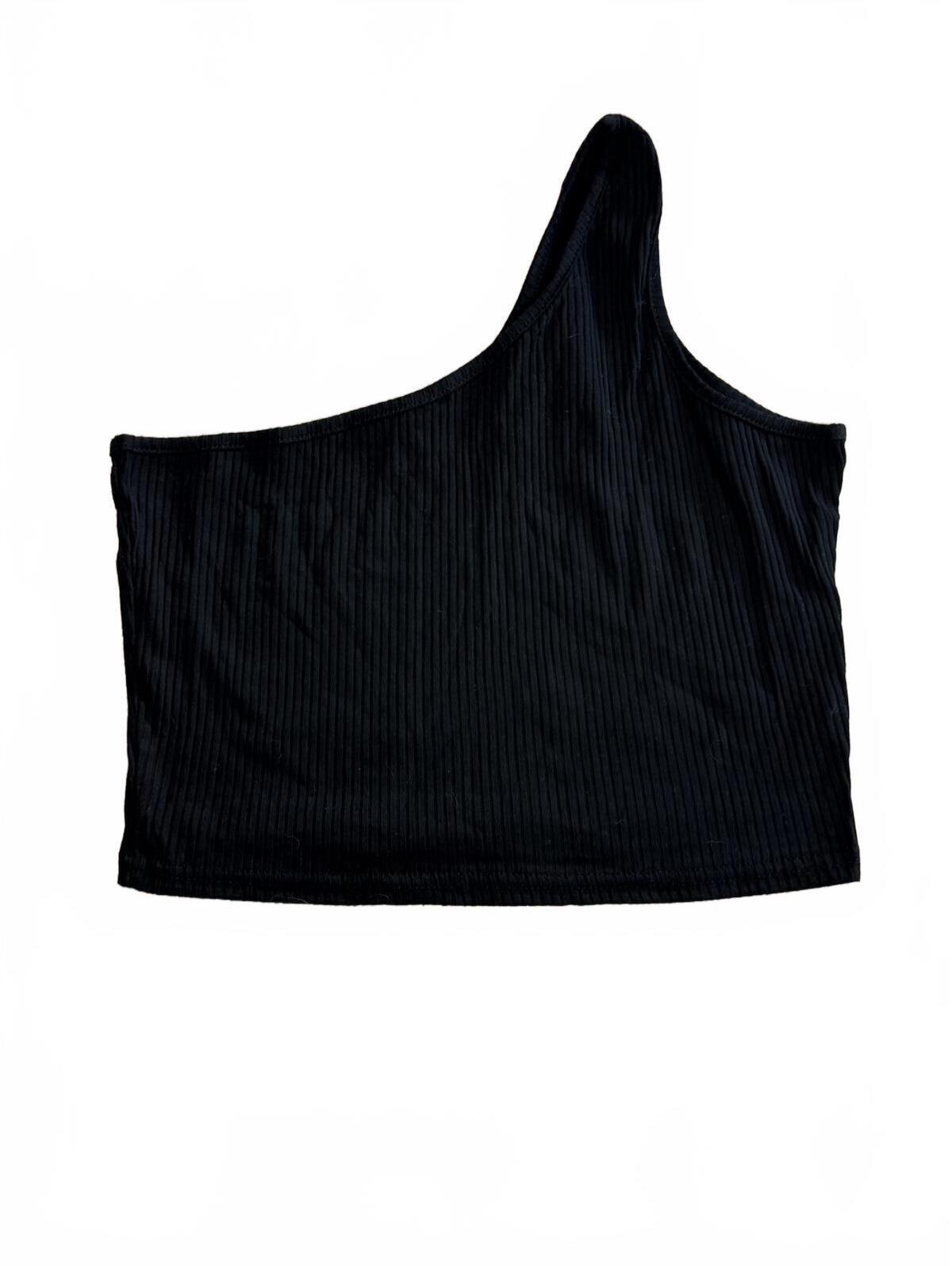 Black Ribbed One Shoulder Crop Top Size L Asymmetric Sleeveless Tank Minimalist